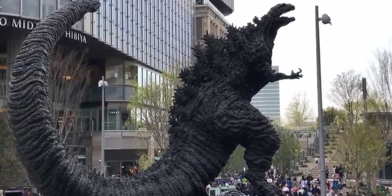 Godzilla with a Child is Back at the cinema square in Tokyo, Japan