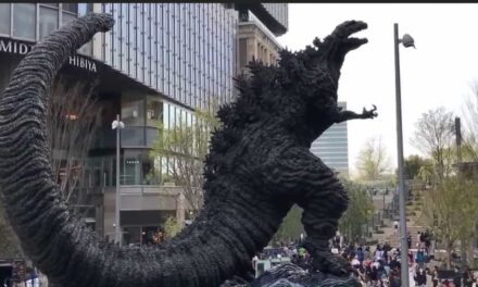 Godzilla with a Child is Back at the cinema square in Tokyo, Japan